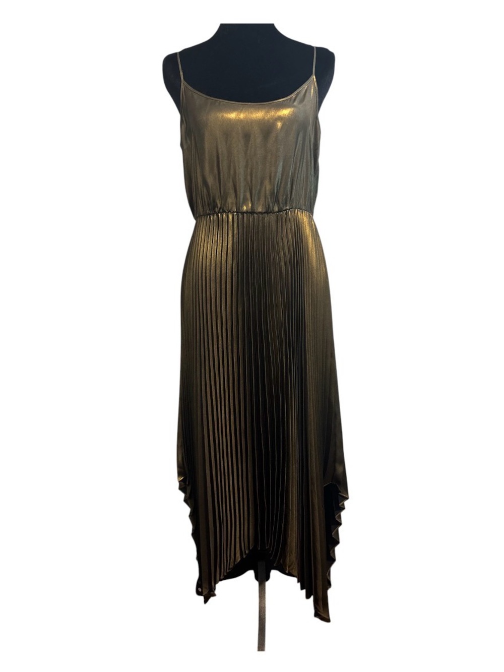 AllSaints Metallic Pleated Midi Dress Asymmetrical Hem Bronze Gold Slip Dress M